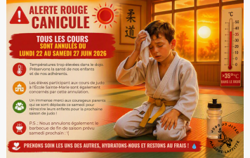 🚨 Alerte rouge canicule – Annulation des cours de judo du 22 au 27 juin 2026