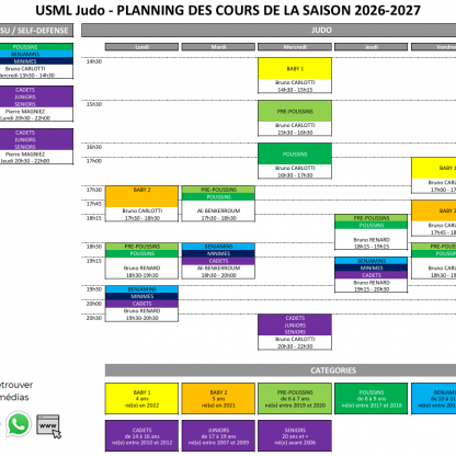 Horaires saison 2026-2027 - Tous les cours